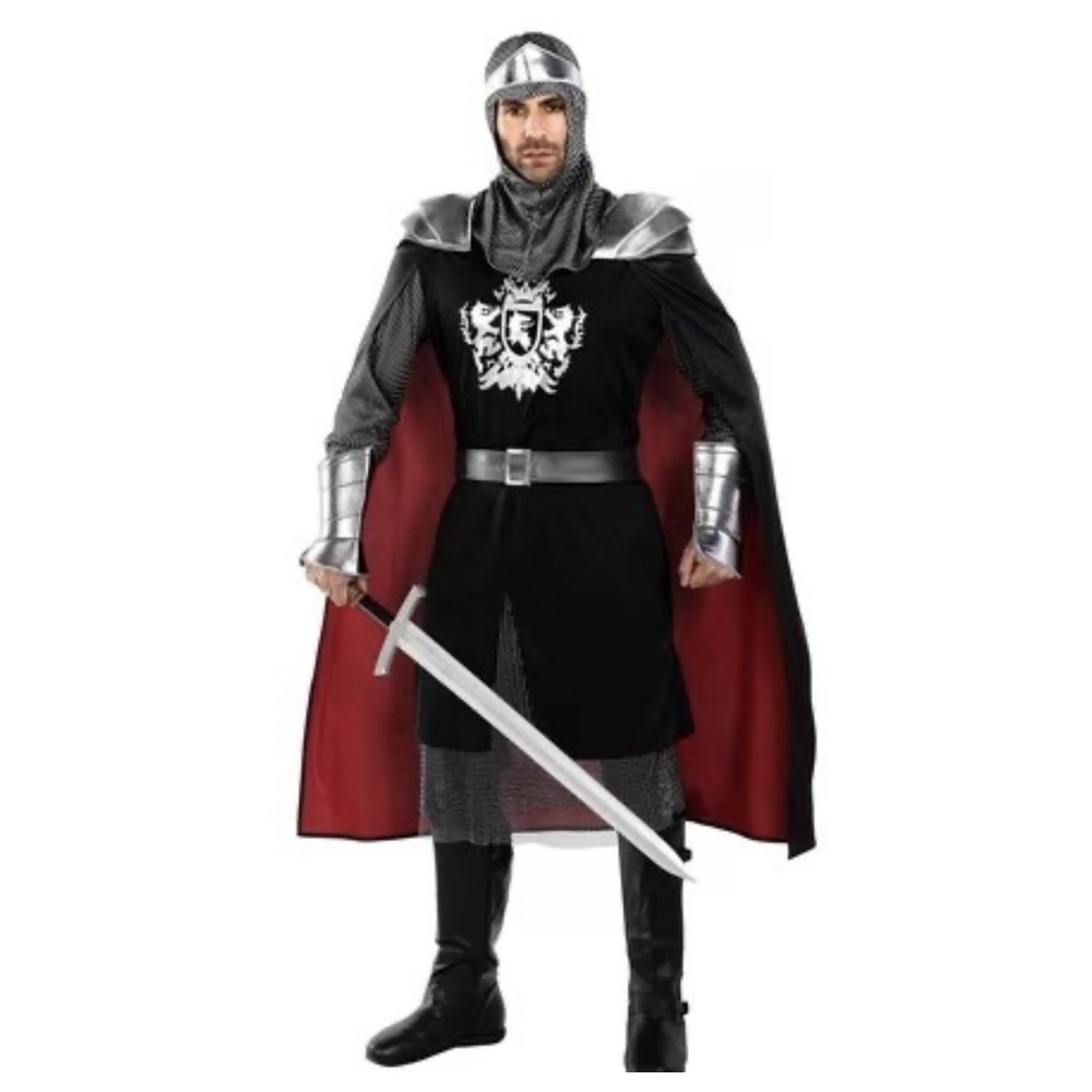 Mens Knight Costume Large Black Red Medieval Halloween Cosplay Cape Armor Outfit